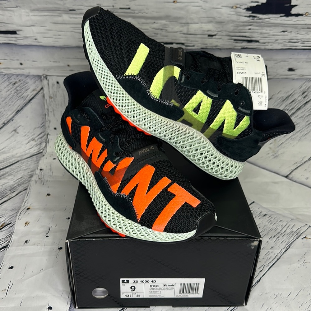 MENS NIB ADIDAS ZX 4000 4D BLACK HI RES YELLOW CYAN I WANT I CAN SHOES 9 EF9625